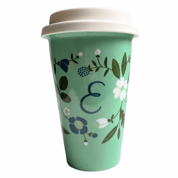 Travel Cup Tall Monogram E Green White Blue Silicone Lid Porcelain Coffee Floral - Picture 1 of 16